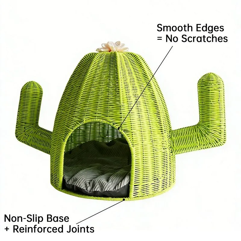 Hand-made Vintage Green Plastic Rattan Cactus-shaped Cat Bed/pet Bed best