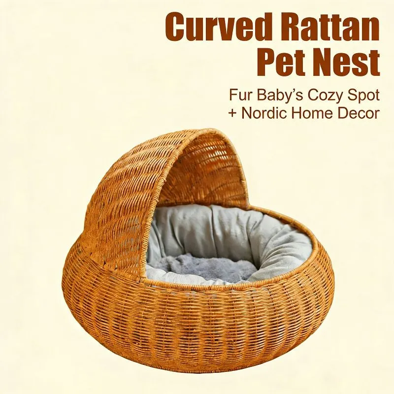 New Hand-woven Semi-enclosed Round Rattan Cat Bed/pet Bed suppliers